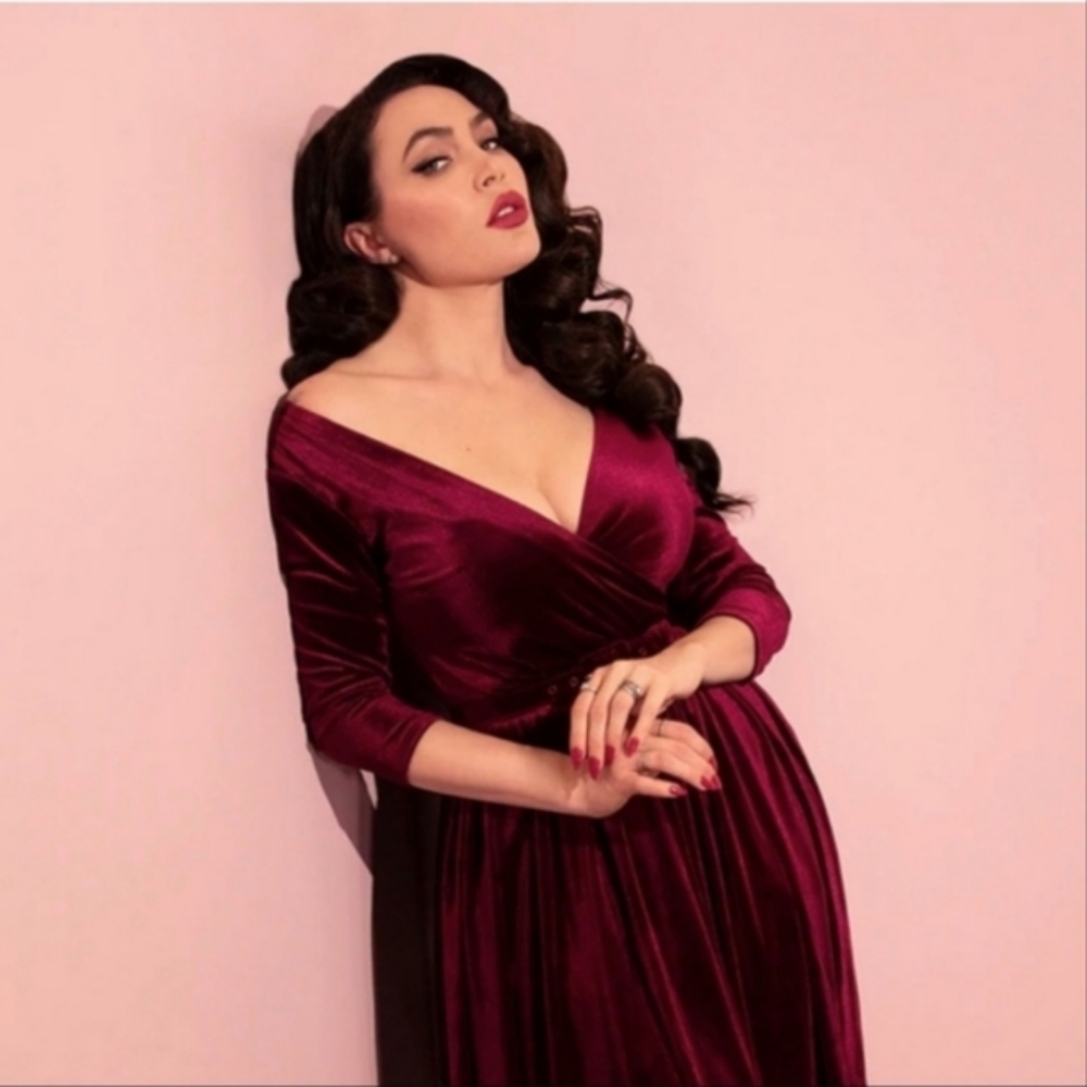 Romantic Vixen by Micheline Pitt Burgundy Velvet Wrap Swing Dress Small